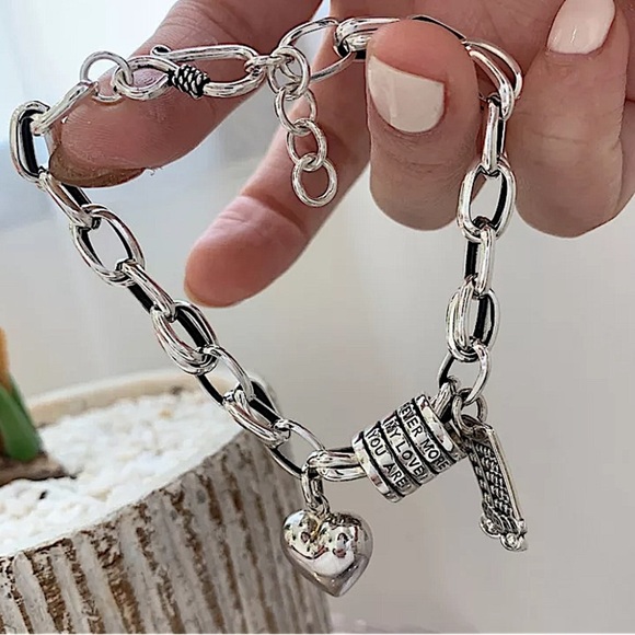 Sterling Silver Heart Live Forever Scroll Calendar Chain Link Bracelet - Picture 4 of 7